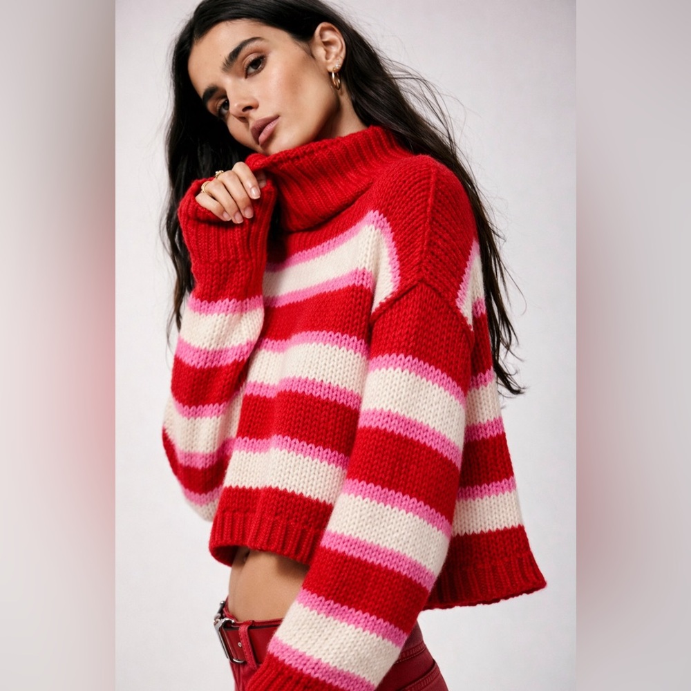 Altar’d State Red Cream Striped Cropped Sweater XL Cozy Cabin Turtleneck NWT